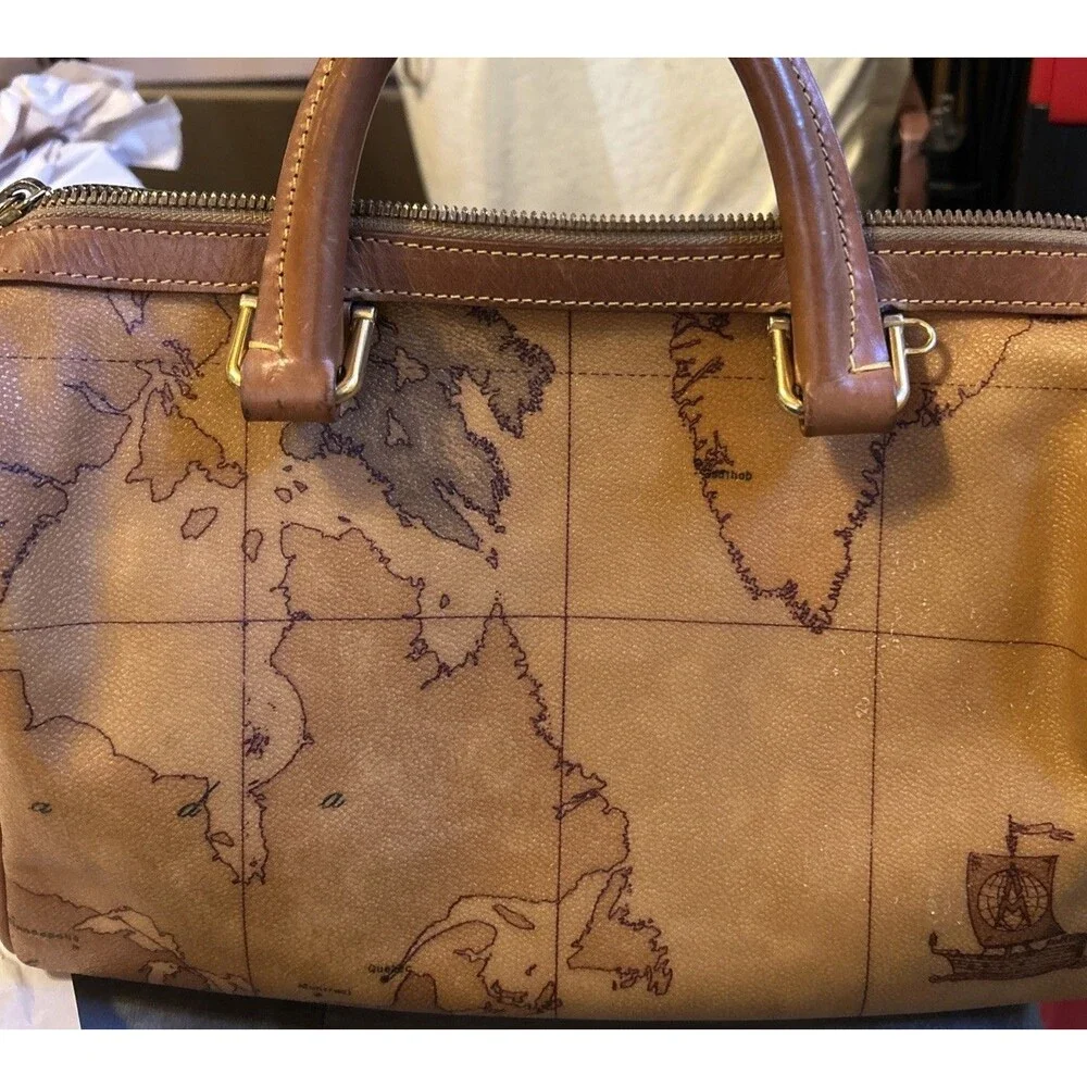 Alviero Martini World Geo Map Boston Satchel Italy canvas cognac leather good!